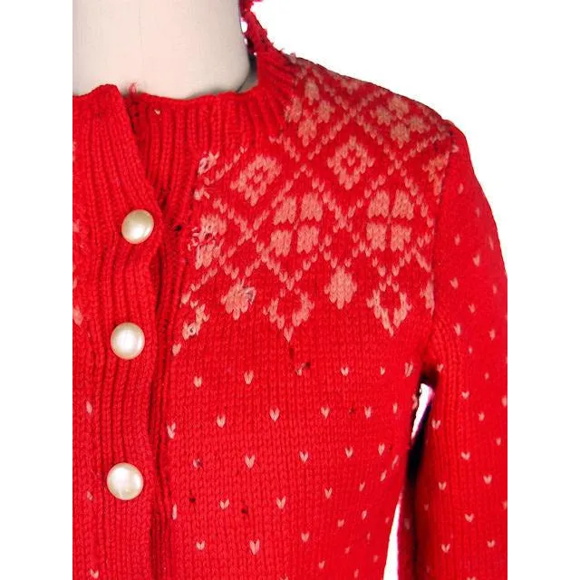 1930s 40s Cardigan Sweater Hand Knit Red Patterned Wool 1940s Shabby S-M