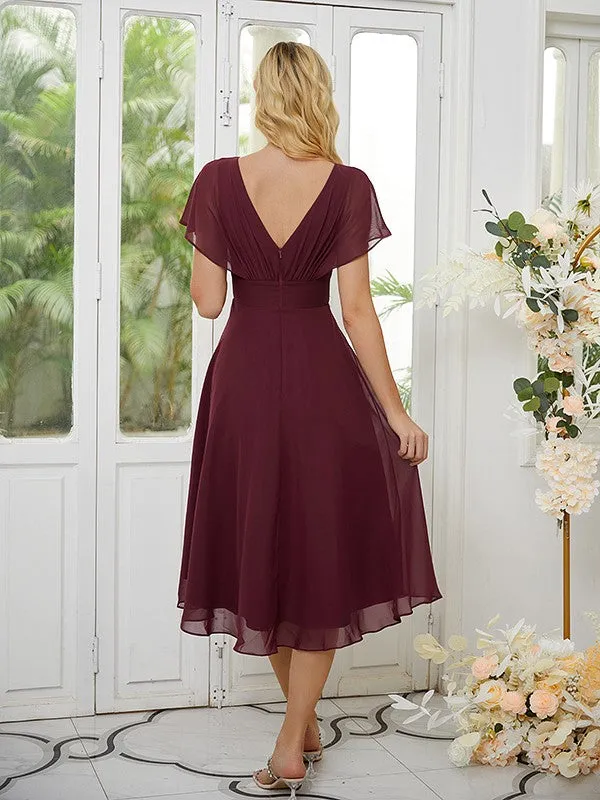 A-Line/Princess Chiffon Ruched Scoop Short Sleeves Asymmetrical Bridesmaid Dresses