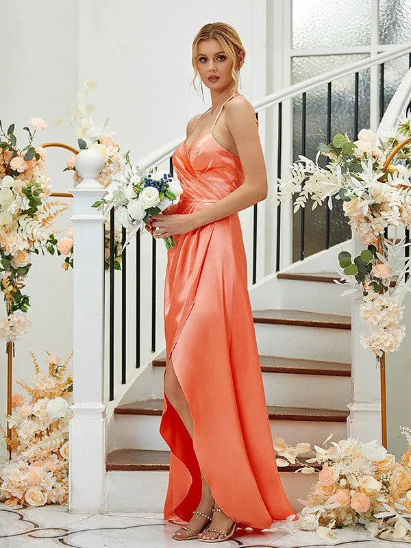 A-Line/Princess Elastic Woven Satin Ruched V-neck Sleeveless Asymmetrical Bridesmaid Dresses