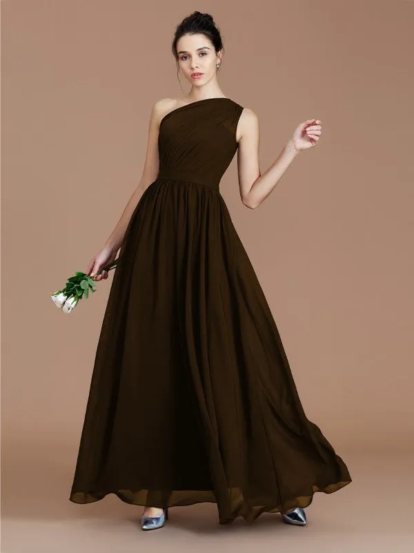 A-Line/Princess One-Shoulder Sleeveless Ruched Floor-Length Chiffon Bridesmaid Dresses