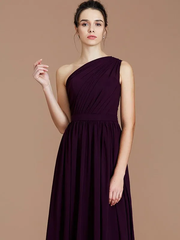 A-Line/Princess One-Shoulder Sleeveless Ruched Floor-Length Chiffon Bridesmaid Dresses