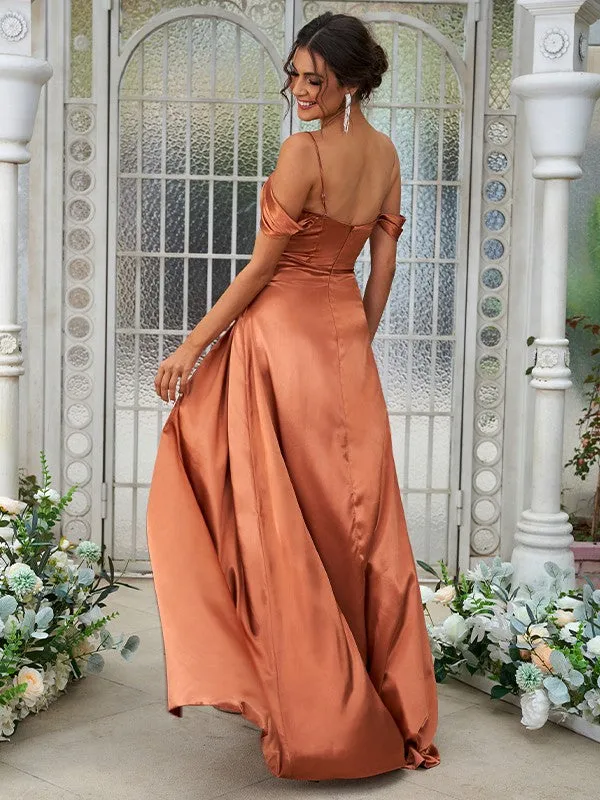 A-Line/Princess Silk like Satin Ruched Sweetheart Sleeveless Sweep/Brush Train Bridesmaid Dresses