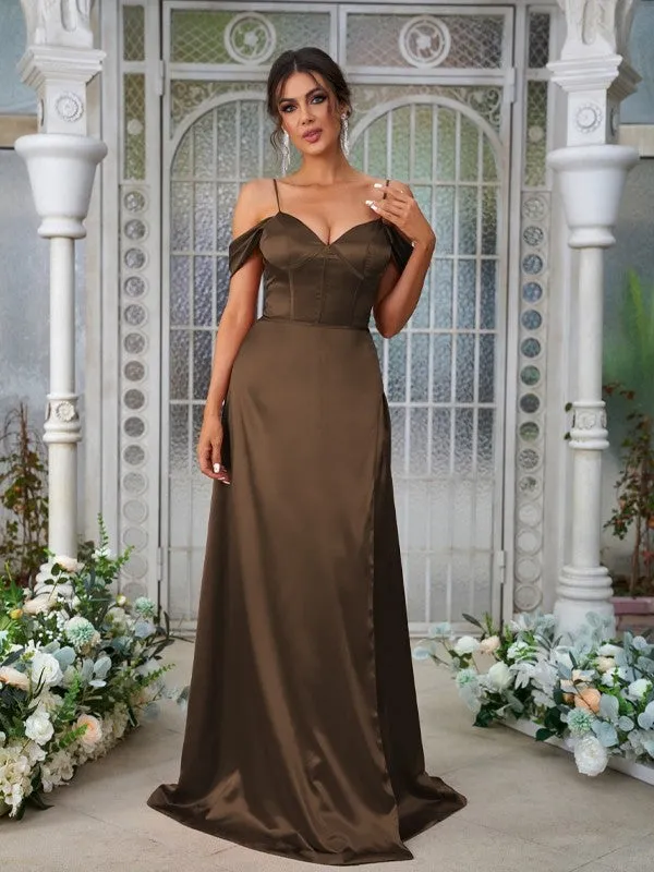 A-Line/Princess Silk like Satin Ruched Sweetheart Sleeveless Sweep/Brush Train Bridesmaid Dresses