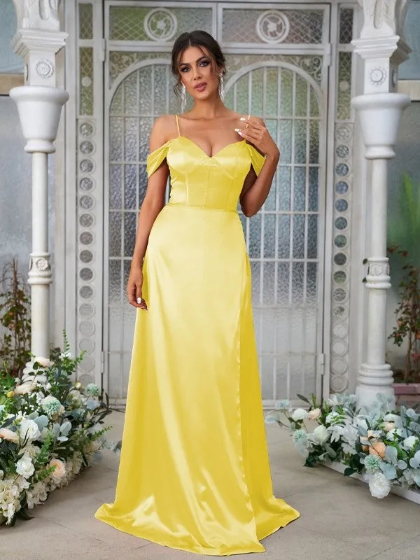 A-Line/Princess Silk like Satin Ruched Sweetheart Sleeveless Sweep/Brush Train Bridesmaid Dresses