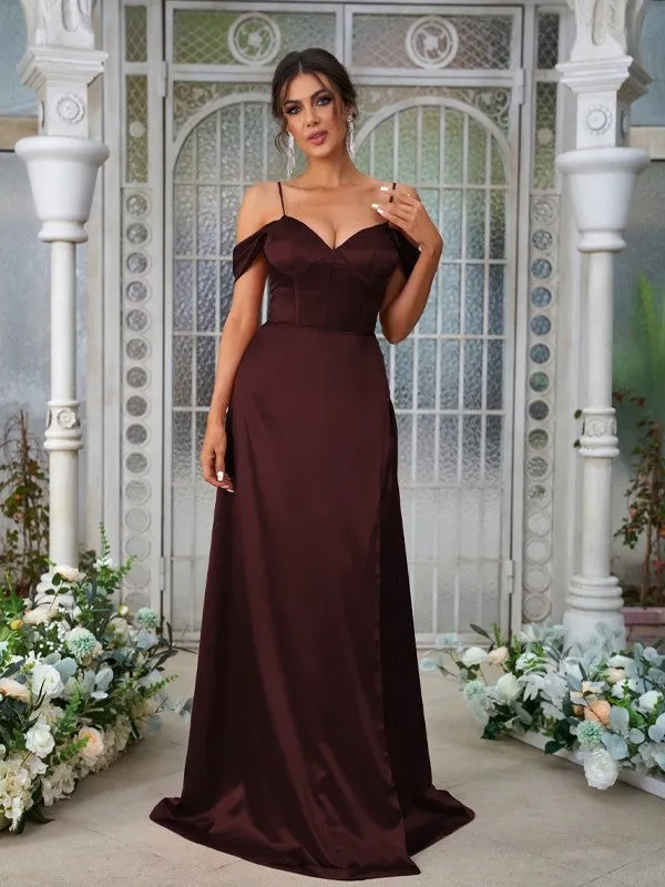 A-Line/Princess Silk like Satin Ruched Sweetheart Sleeveless Sweep/Brush Train Bridesmaid Dresses