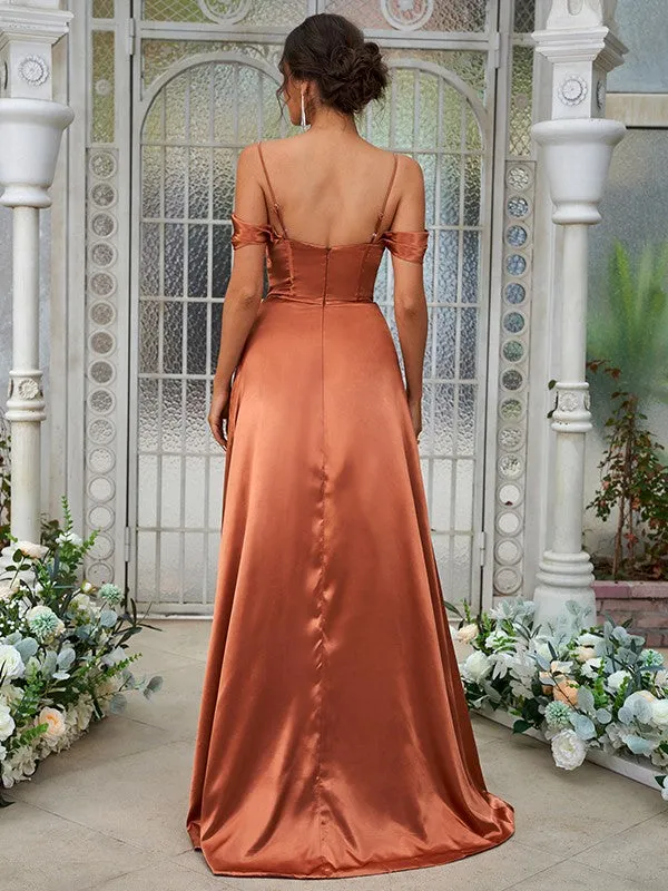 A-Line/Princess Silk like Satin Ruched Sweetheart Sleeveless Sweep/Brush Train Bridesmaid Dresses