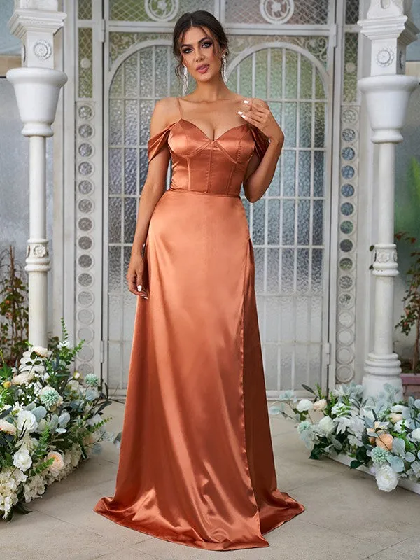 A-Line/Princess Silk like Satin Ruched Sweetheart Sleeveless Sweep/Brush Train Bridesmaid Dresses