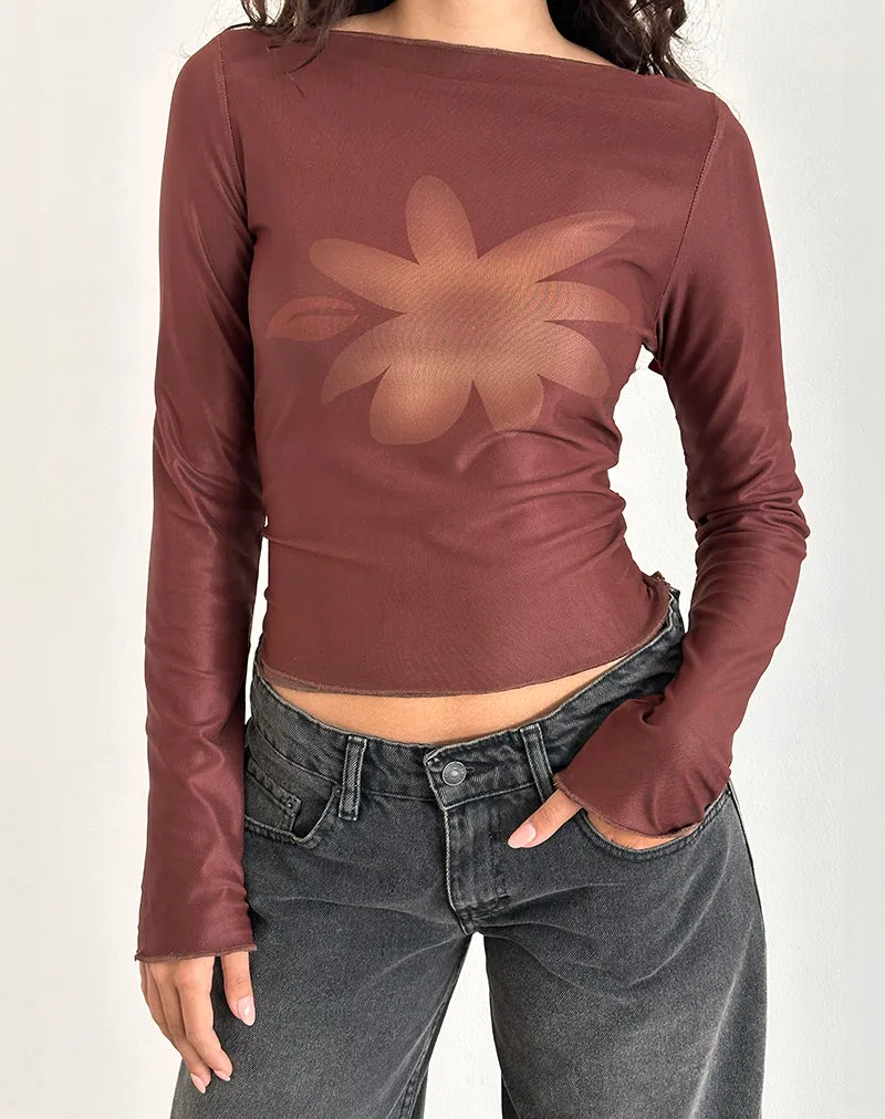 Armali Long Sleeve Top in Mesh Tonal Flower Brown