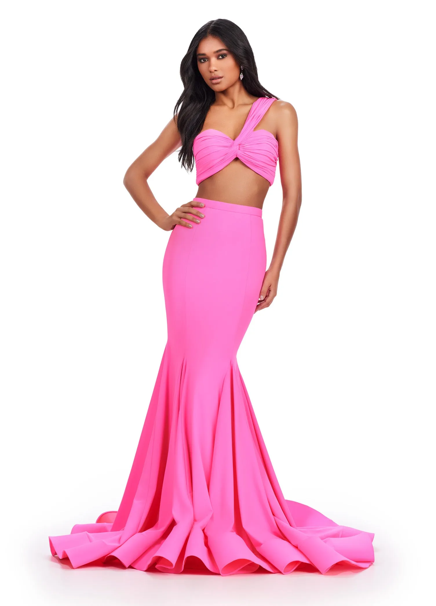 Ashley Lauren 11646 Long Prom Dress Mermaid Two Piece Scuba Dress Ruched One Shoulder Bustier Formal Pageant Gown