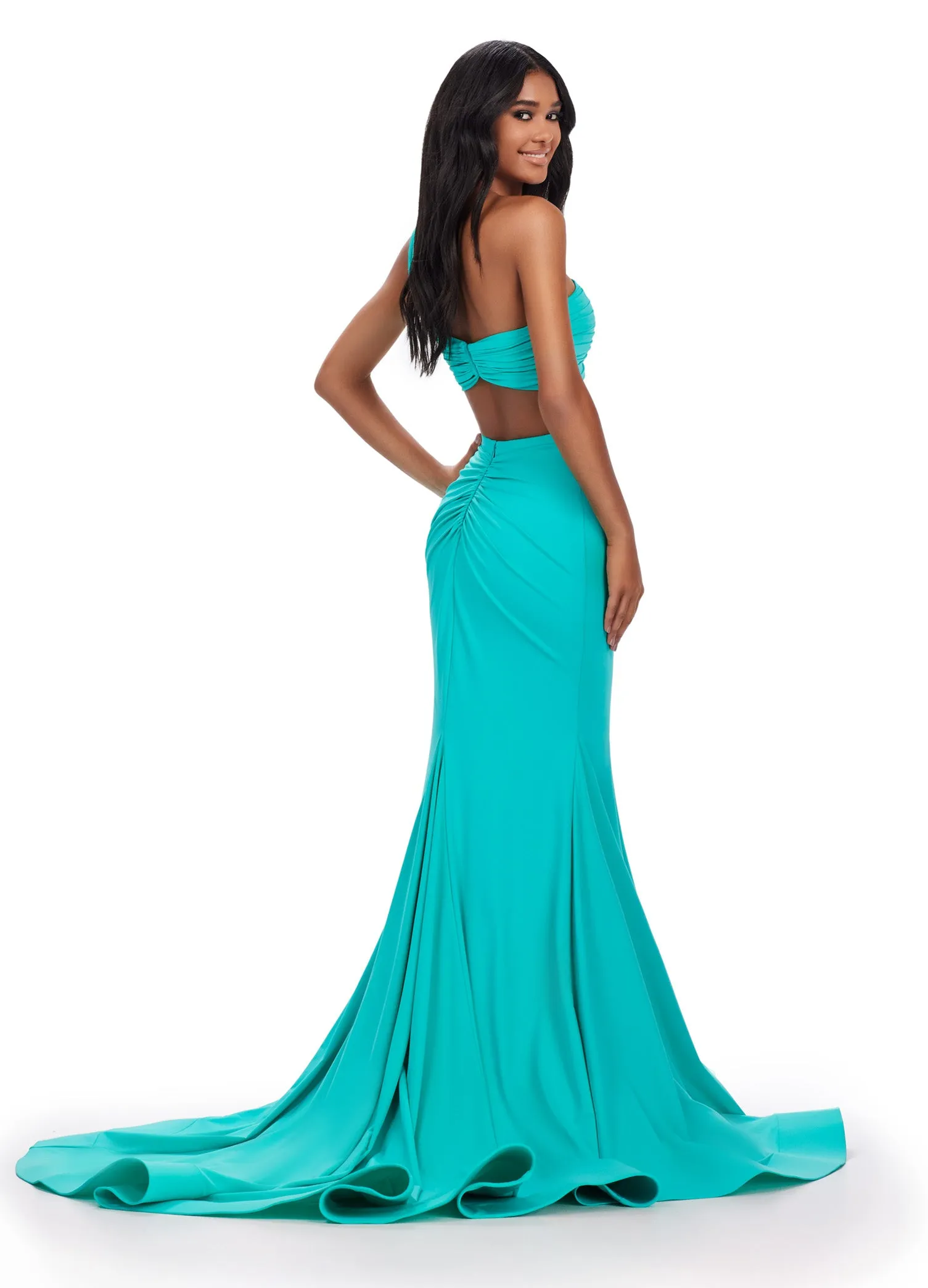 Ashley Lauren 11646 Long Prom Dress Mermaid Two Piece Scuba Dress Ruched One Shoulder Bustier Formal Pageant Gown