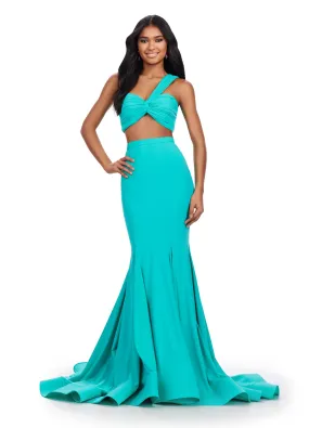 Ashley Lauren 11646 Long Prom Dress Mermaid Two Piece Scuba Dress Ruched One Shoulder Bustier Formal Pageant Gown