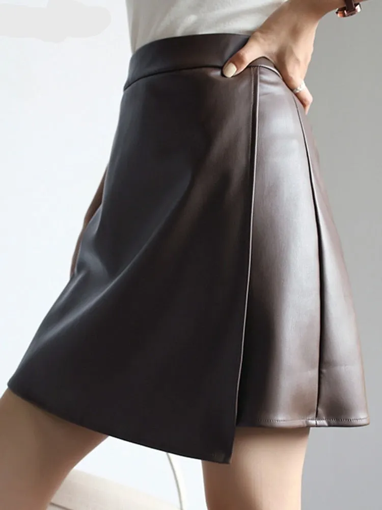 Autumn mini Faux Leather skirts for Women 2022 brown short leather skirt