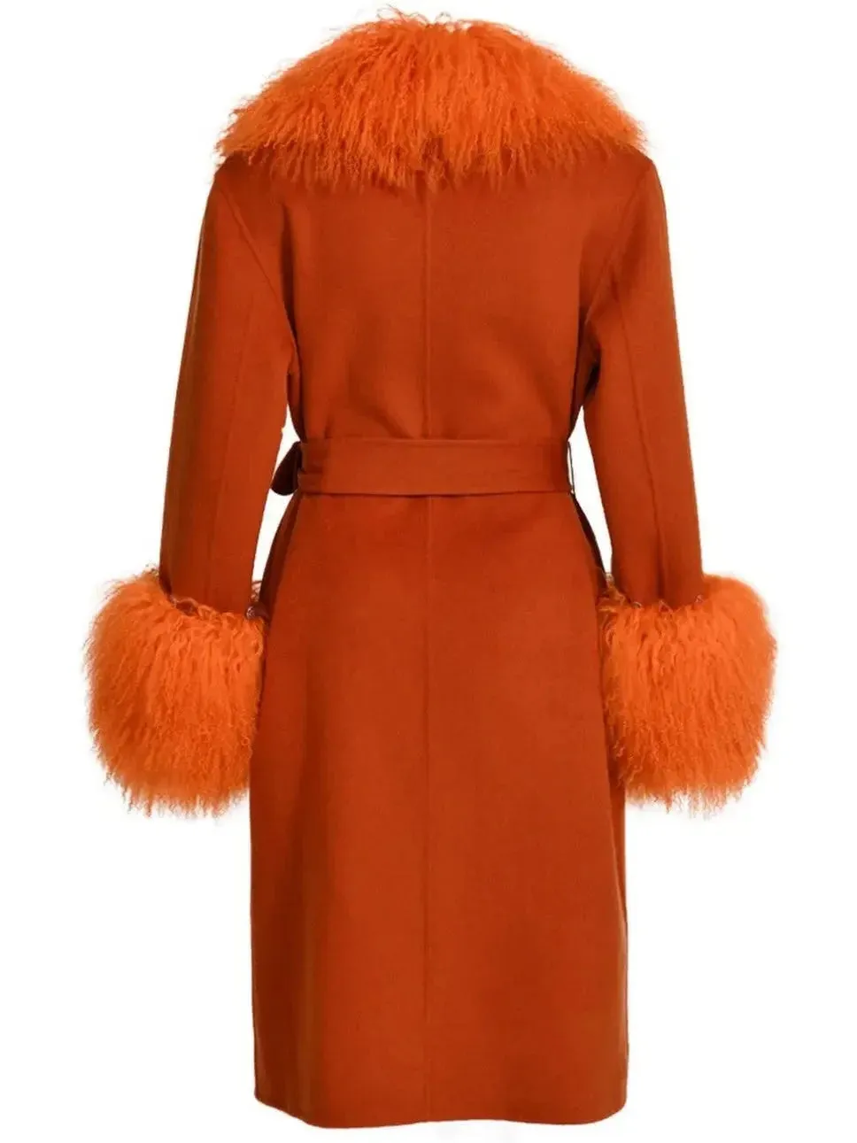 Belted Lambswool/Shearling Wool Cashmere Coat, Orange