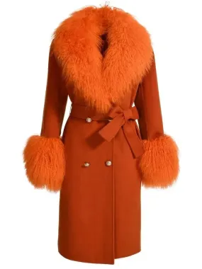 Belted Lambswool/Shearling Wool Cashmere Coat, Orange