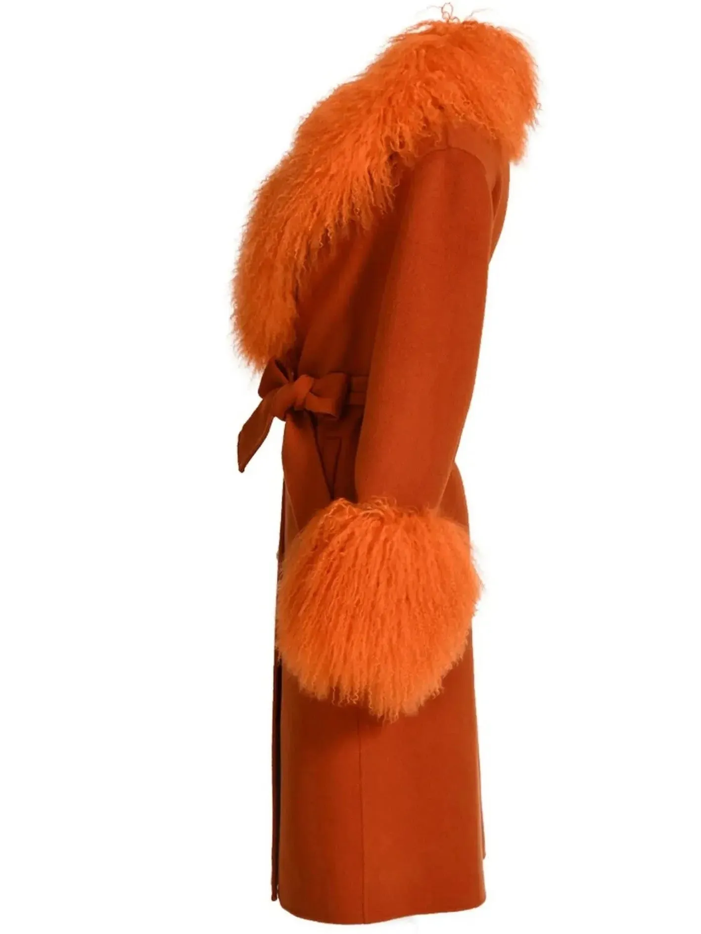 Belted Lambswool/Shearling Wool Cashmere Coat, Orange