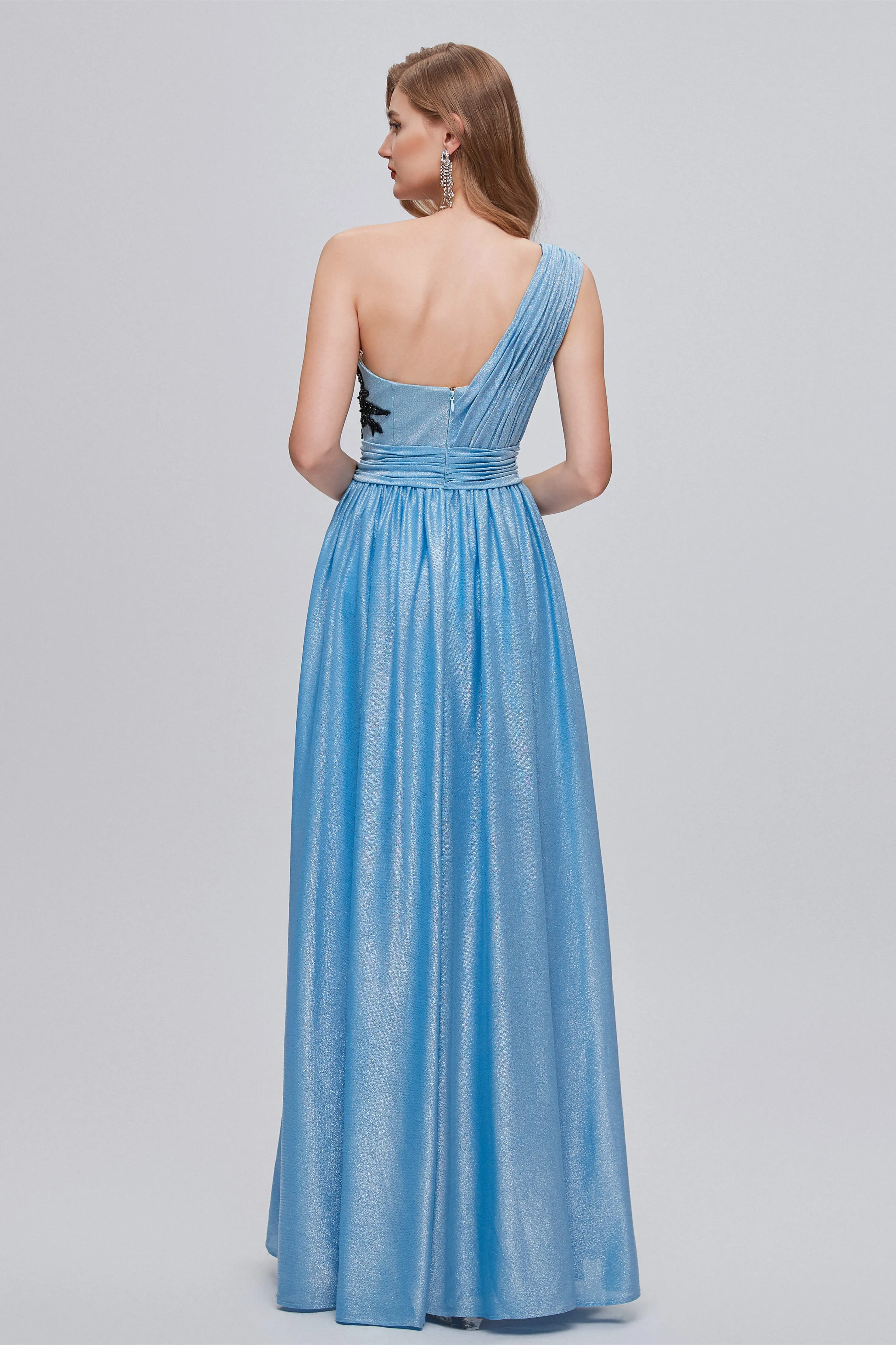 Blue One Shoulder Ruched Long Prom Dresses with Applique