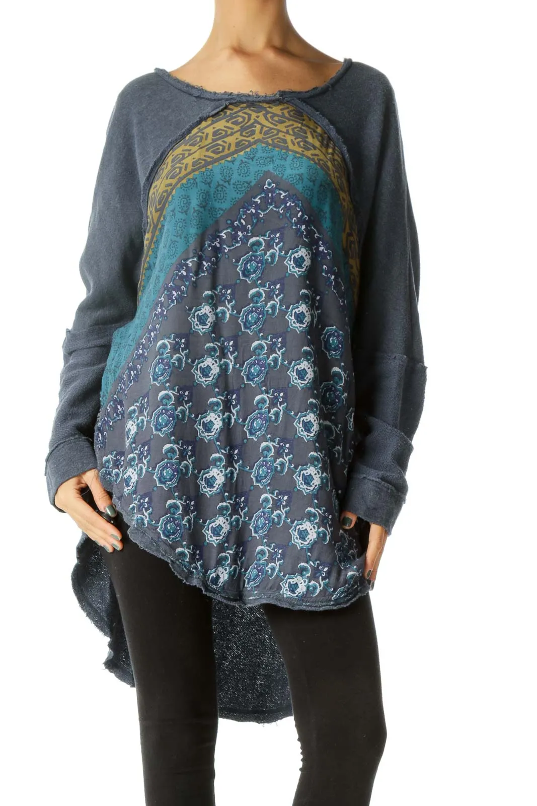 Blue Patterned Oversized Knit Sweater