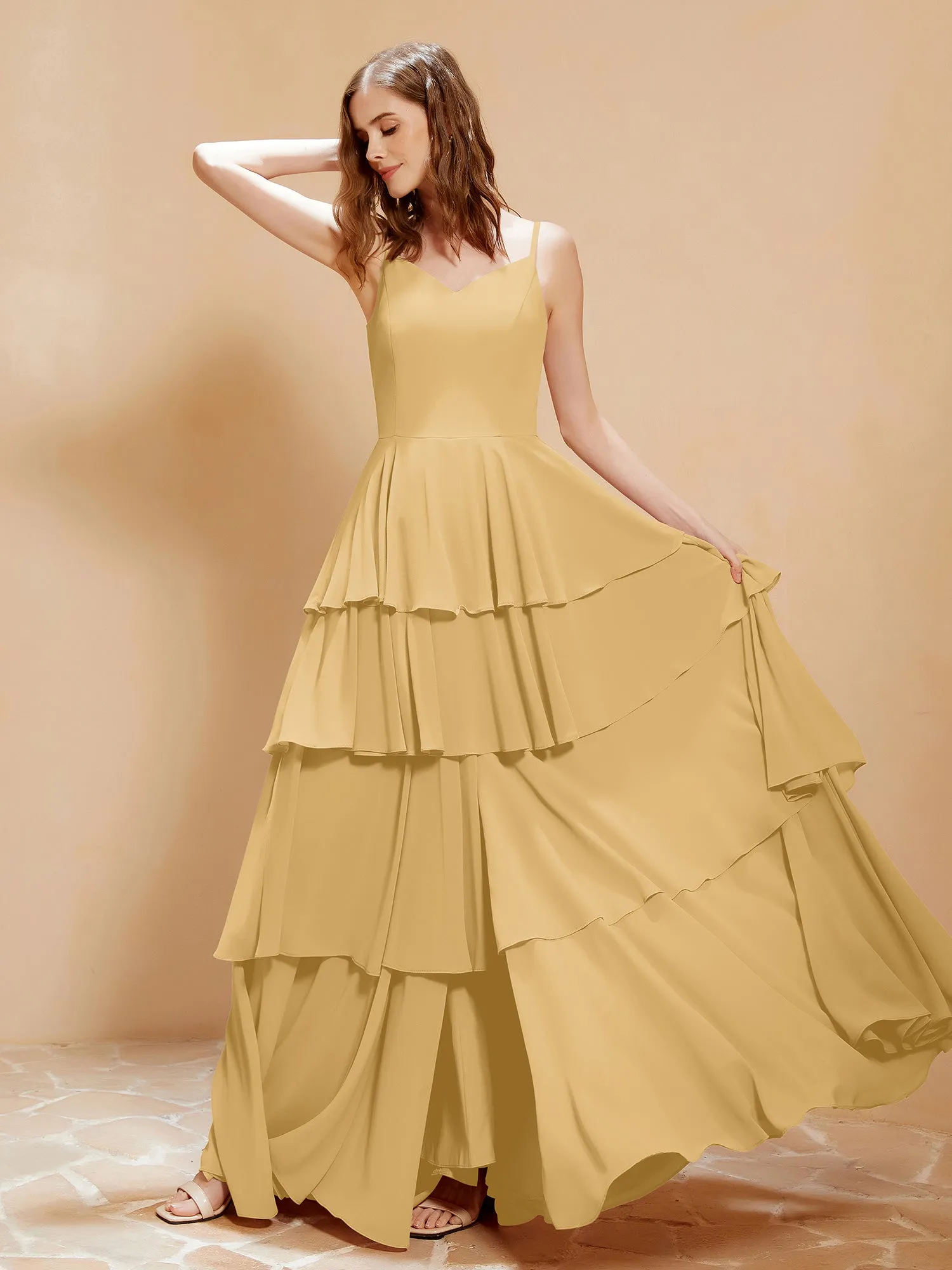 Boho V-neck Floor-length Dress Flowy Ruffles Gold Plus Size