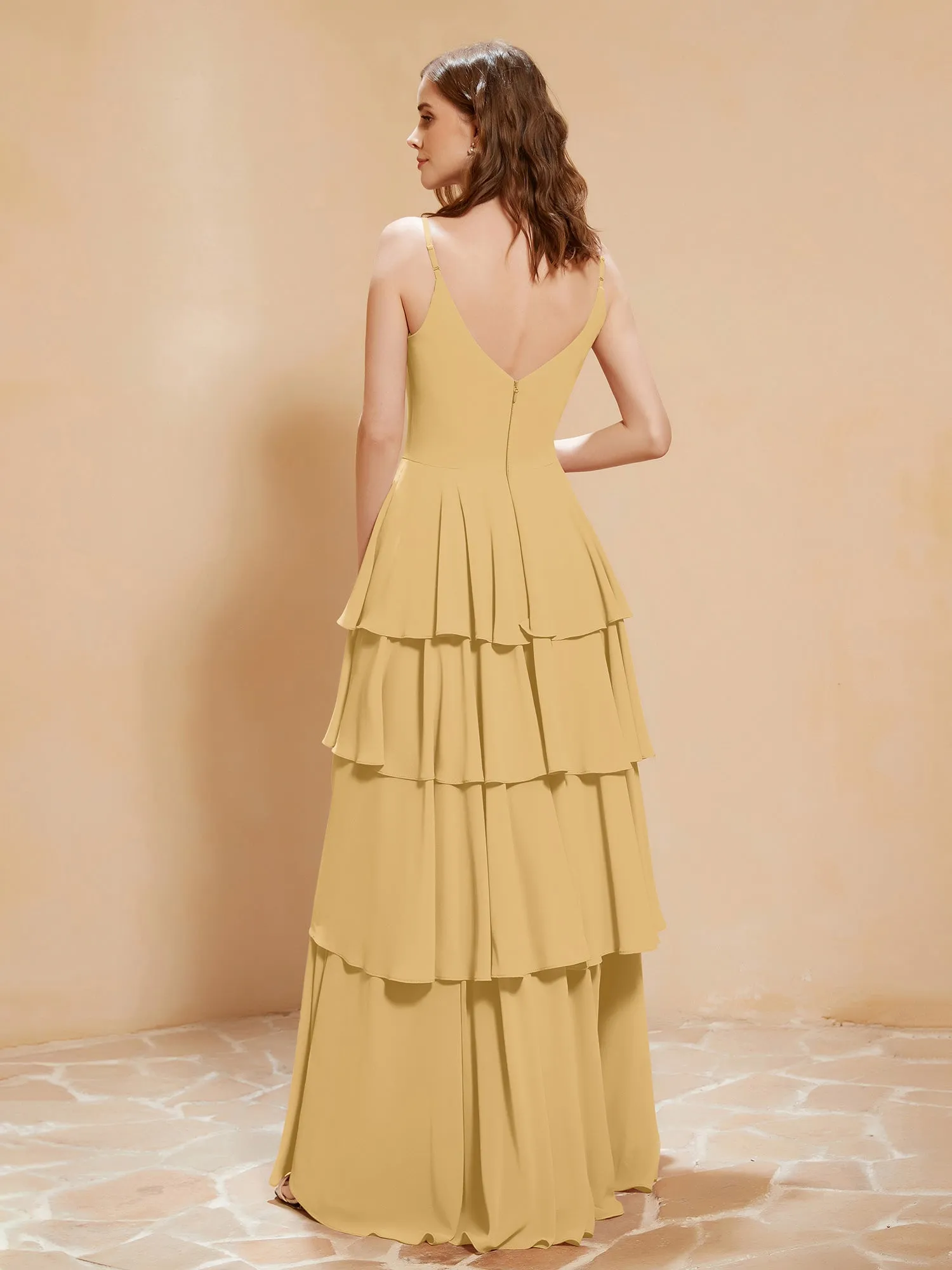 Boho V-neck Floor-length Dress Flowy Ruffles Gold Plus Size