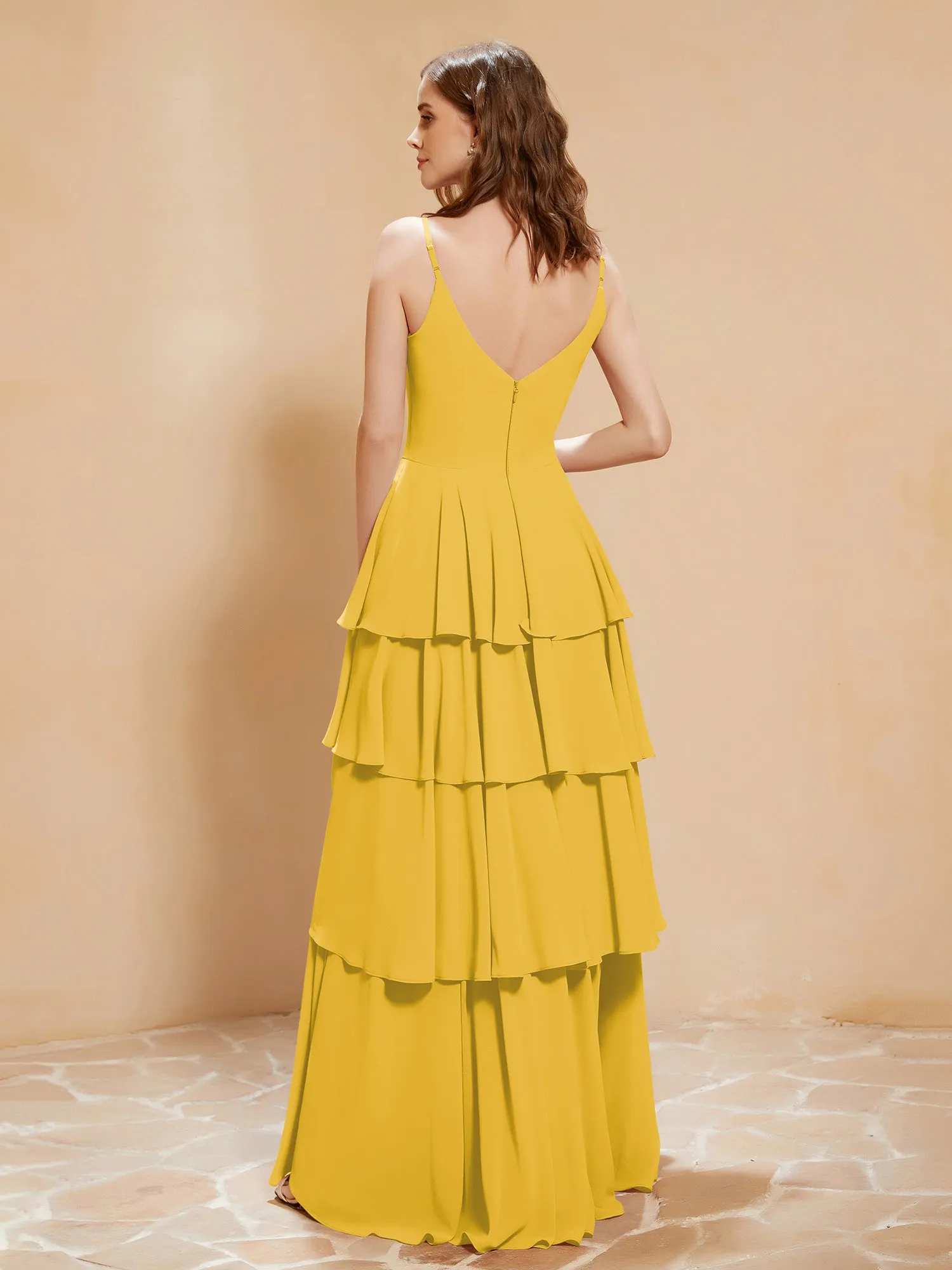 Boho V-neck Floor-length Dress Flowy Ruffles Marigold