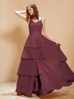 Boho V-neck Floor-length Dress Flowy Ruffles Mulberry