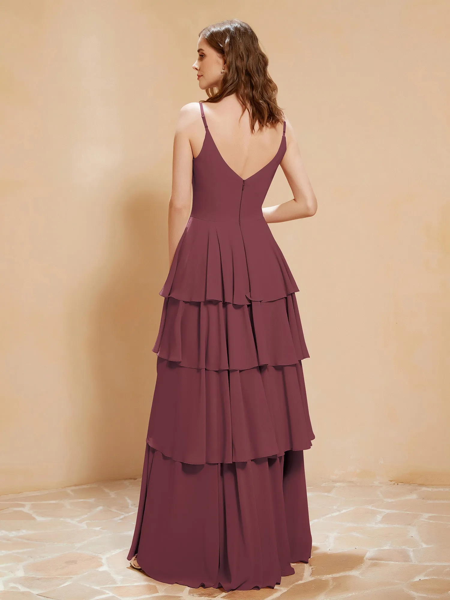 Boho V-neck Floor-length Dress Flowy Ruffles Mulberry