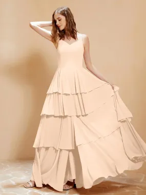 Boho V-neck Floor-length Dress Flowy Ruffles Peach