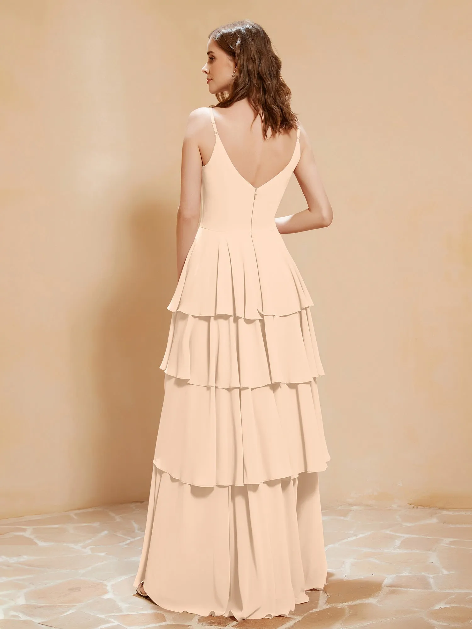 Boho V-neck Floor-length Dress Flowy Ruffles Peach