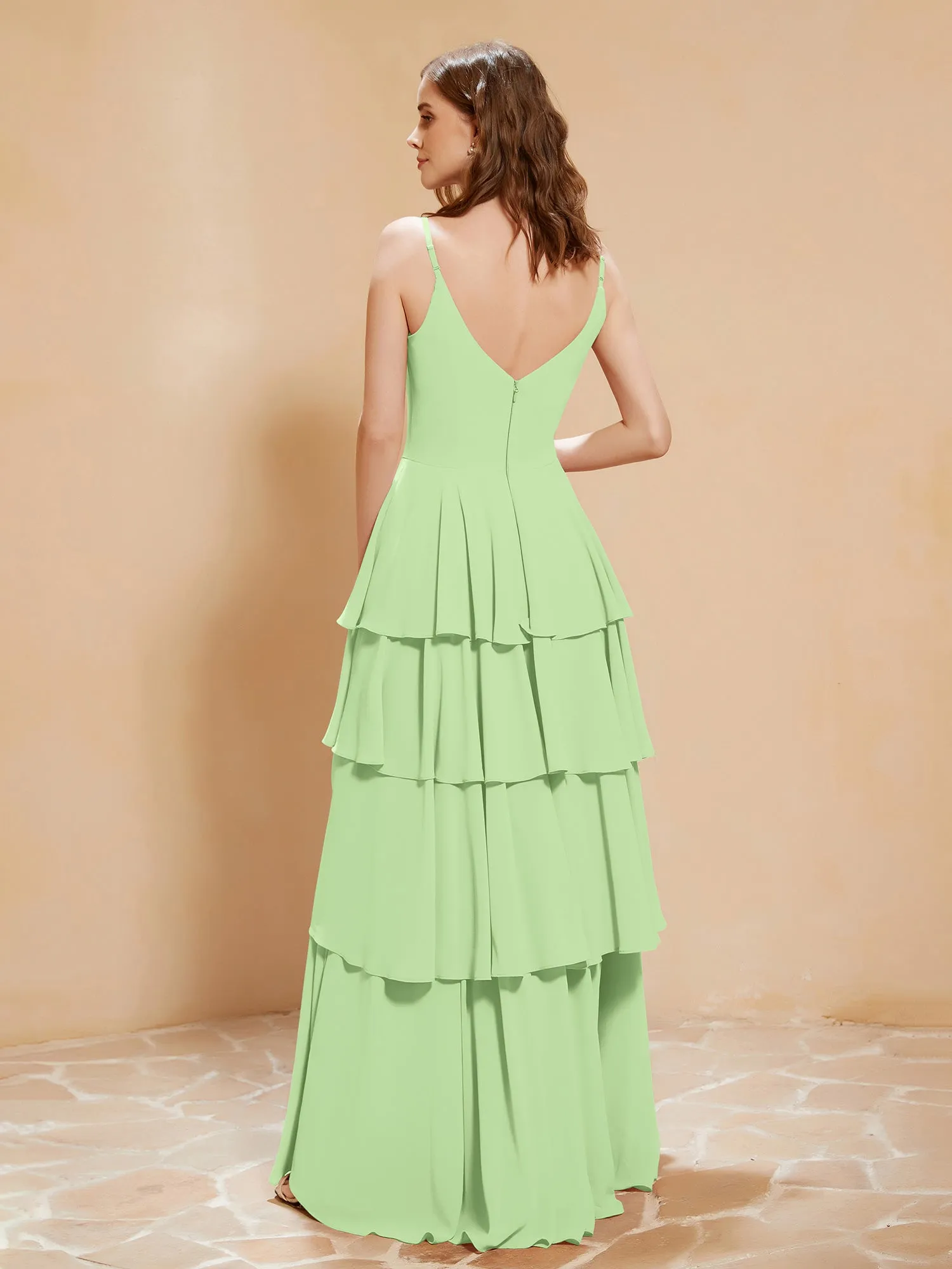 Boho V-neck Floor-length Dress Flowy Ruffles Sage