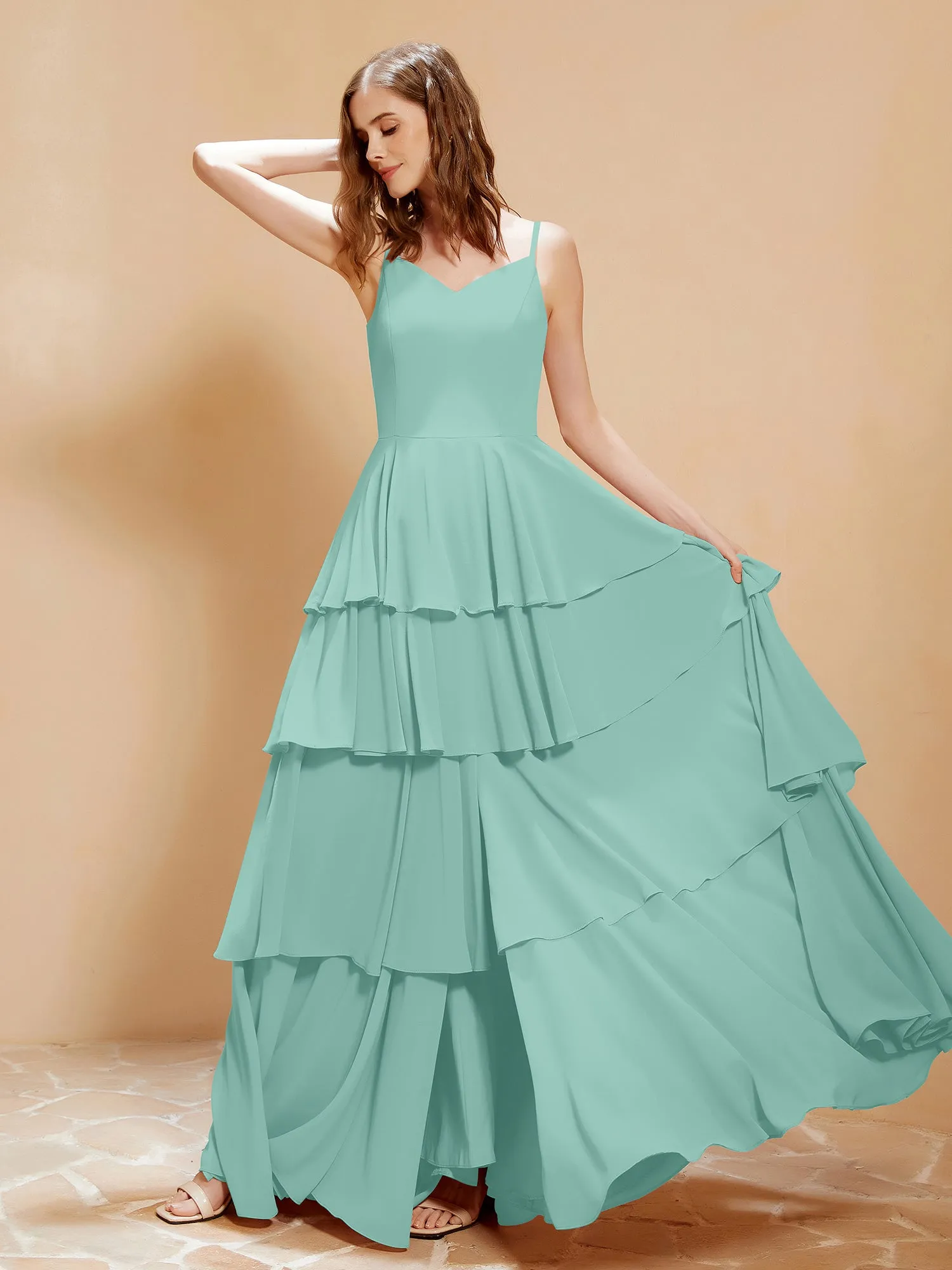 Boho V-neck Floor-length Dress Flowy Ruffles Turquoise Plus Size