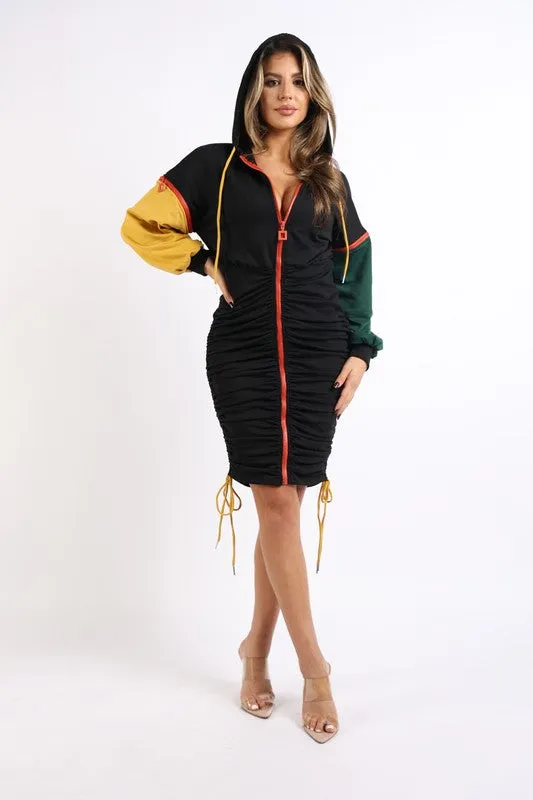 Color blocked wide sleeve ruched terry dress