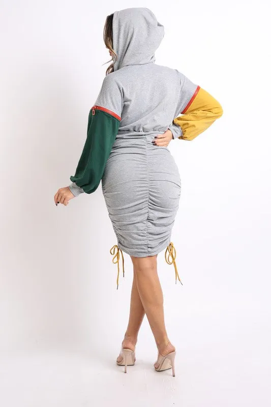 Color blocked wide sleeve ruched terry dress