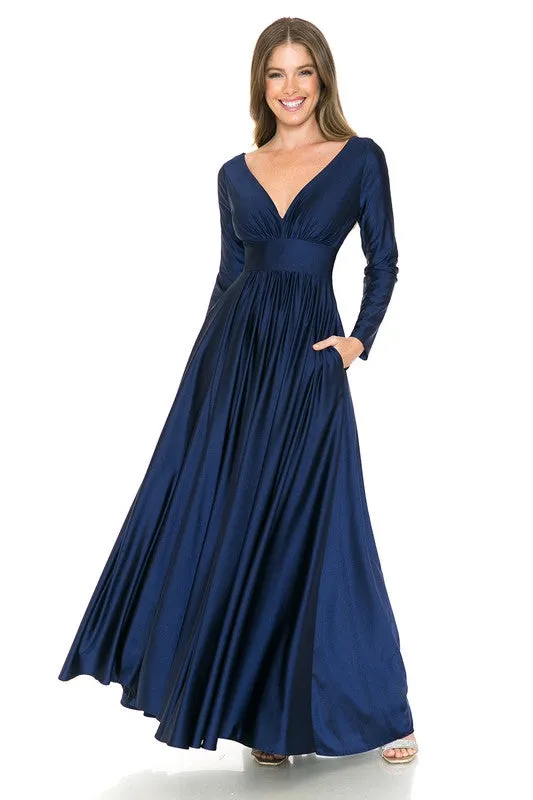 Dark Blue Long Sleeve Ruched Top Shiny Pocketed Formal Dress