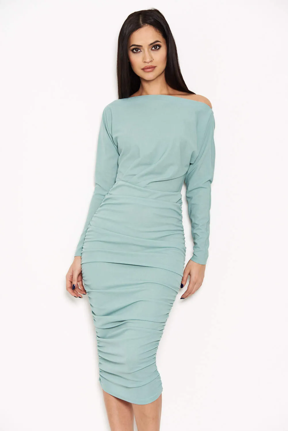 Duck Egg Off Shoulder Ruched Dress