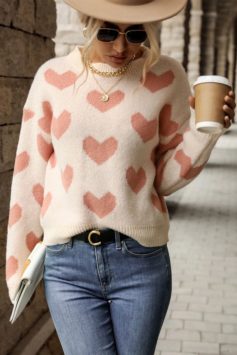 'Eleanor' Heart Pattern Dropped Shoulder Sweater