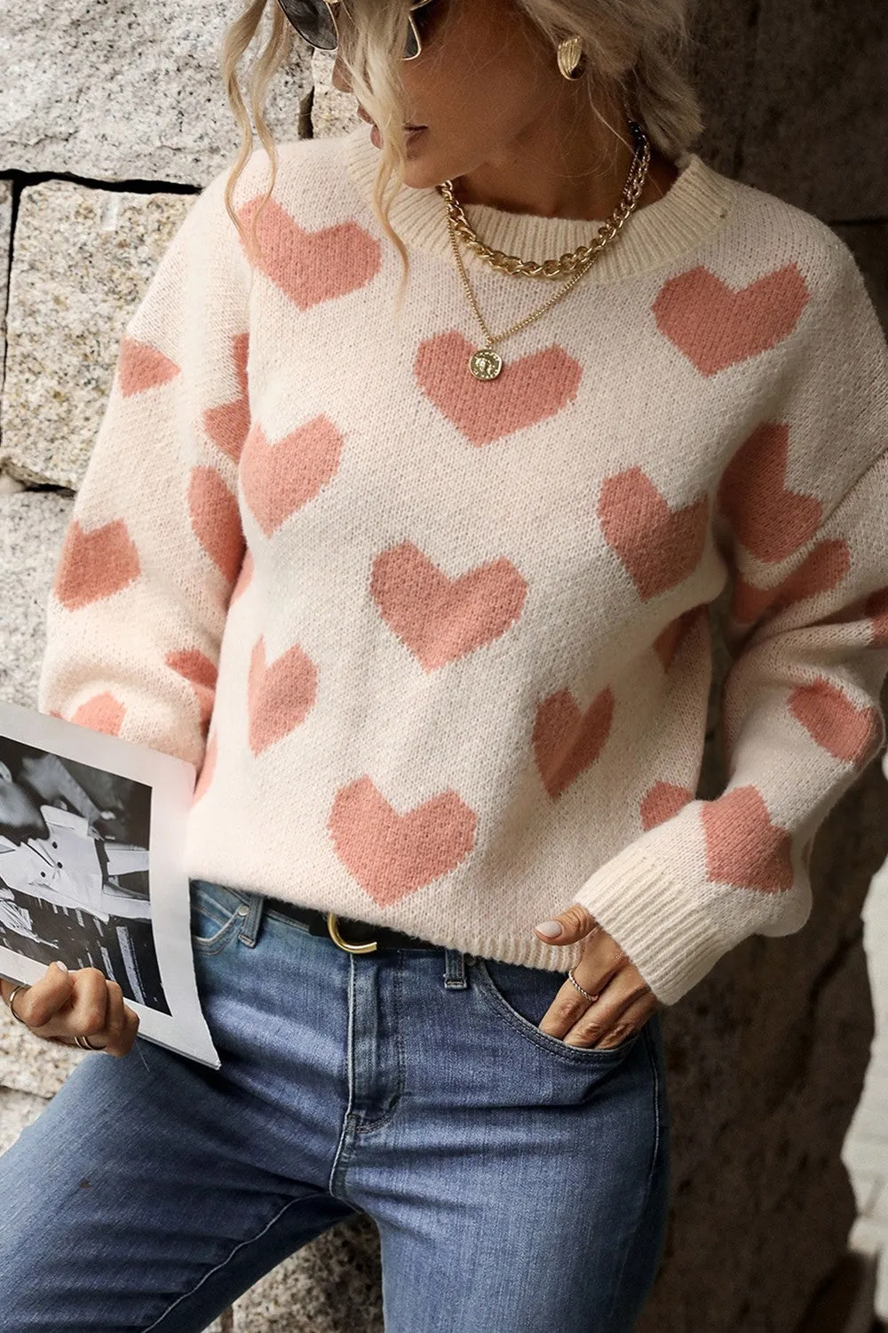 'Eleanor' Heart Pattern Dropped Shoulder Sweater