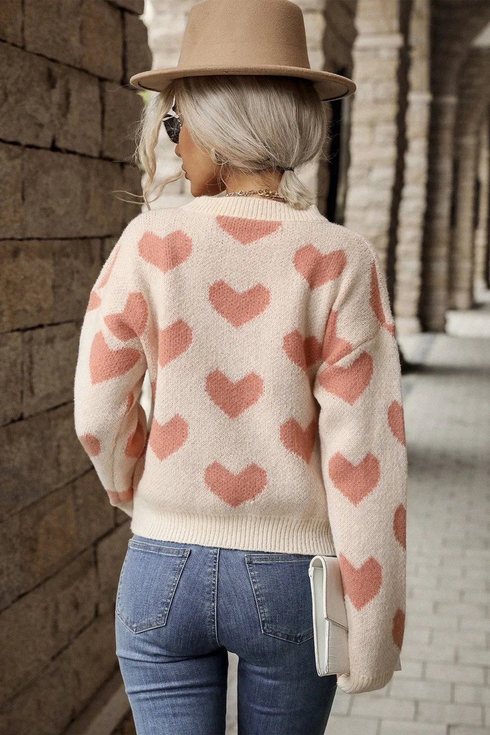 'Eleanor' Heart Pattern Dropped Shoulder Sweater