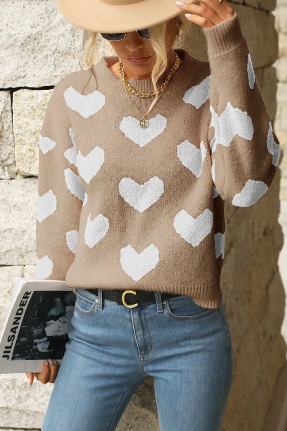 'Eleanor' Heart Pattern Dropped Shoulder Sweater