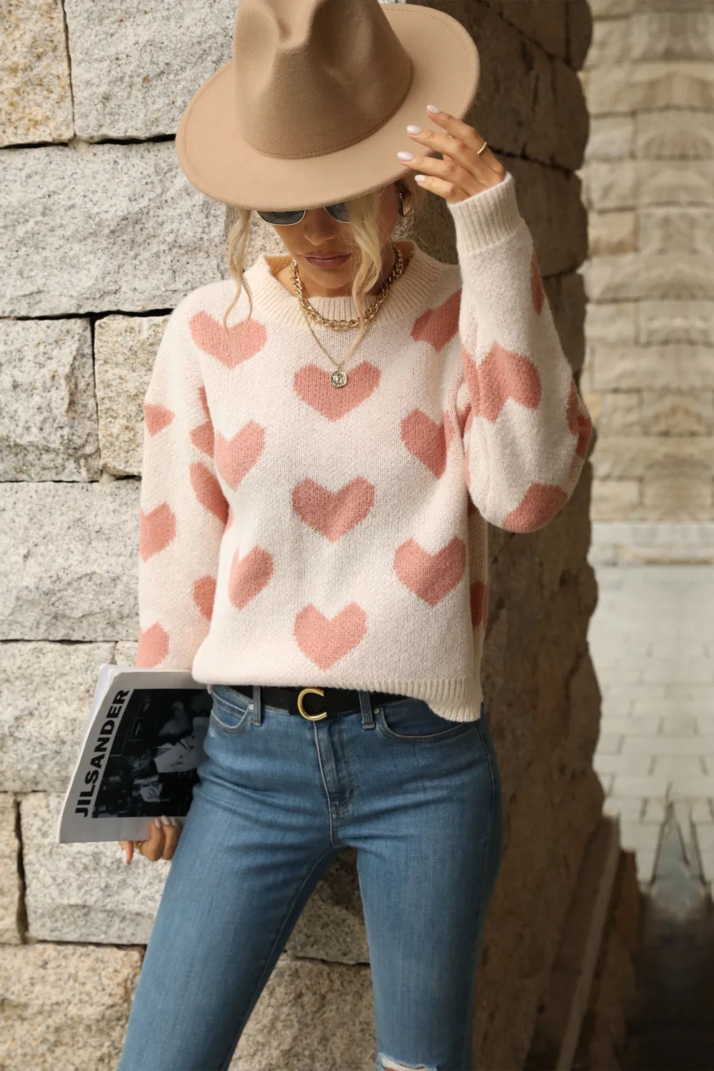 'Eleanor' Heart Pattern Dropped Shoulder Sweater