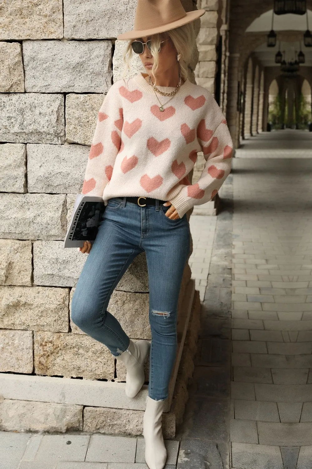 'Eleanor' Heart Pattern Dropped Shoulder Sweater