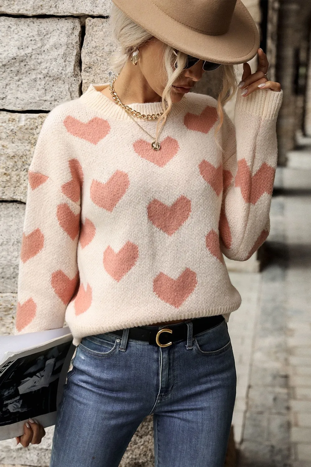 'Eleanor' Heart Pattern Dropped Shoulder Sweater