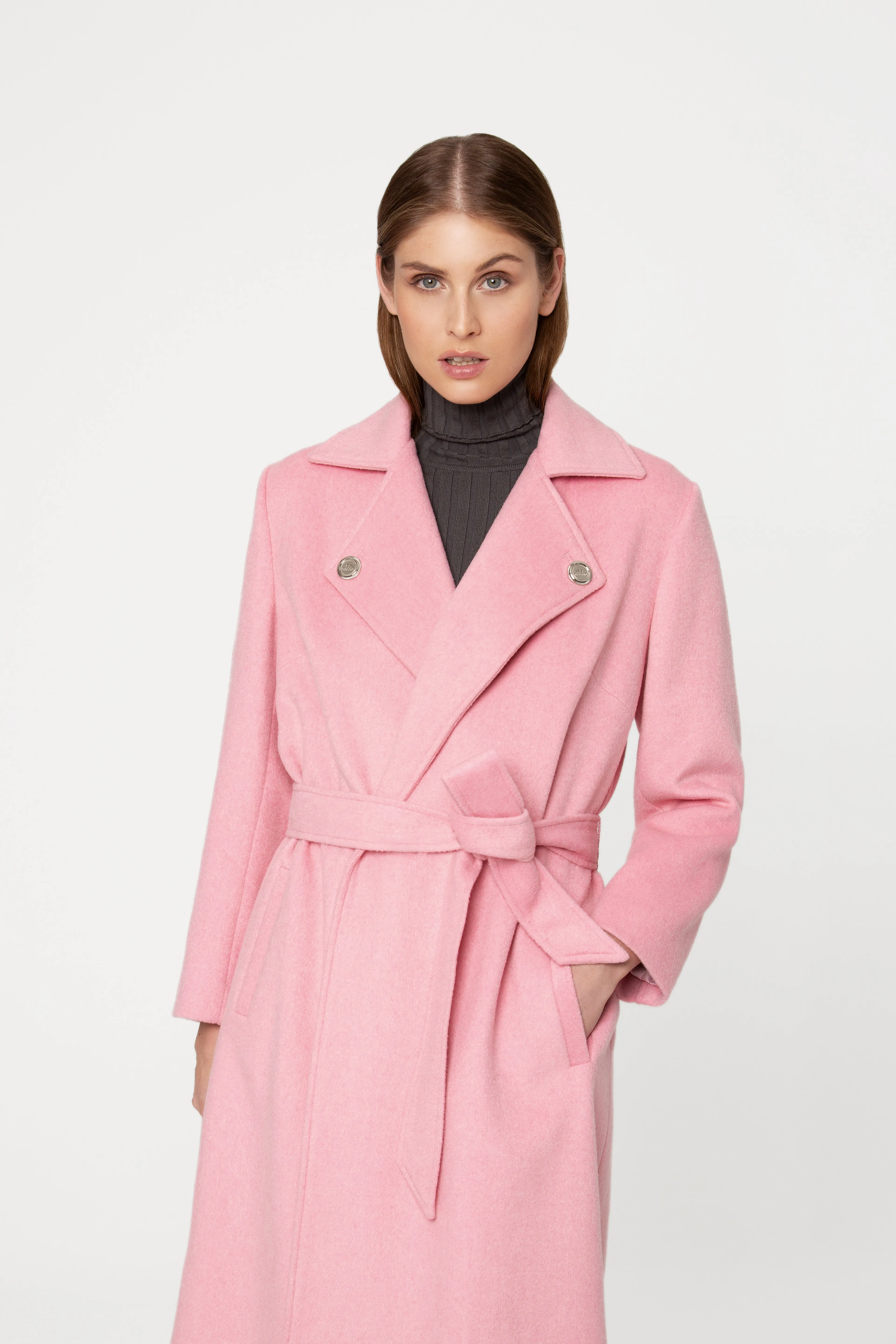 Favene Belted Wrap Wool Coat in Cherry Blossom Color