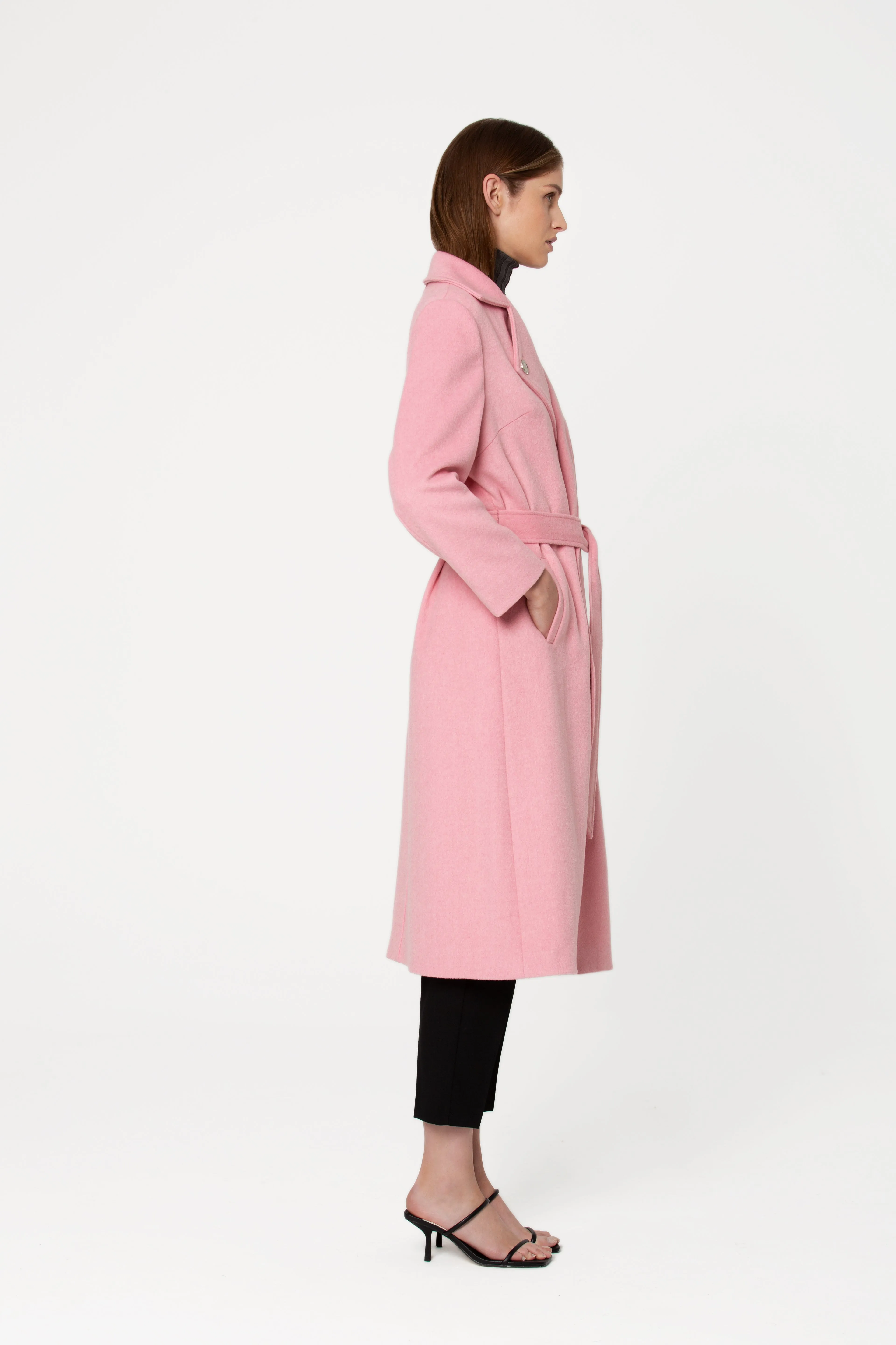 Favene Belted Wrap Wool Coat in Cherry Blossom Color