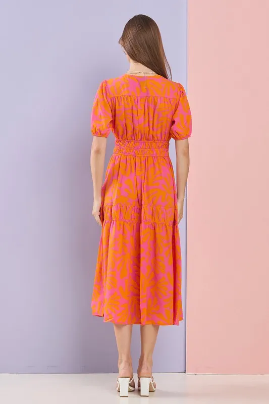 Fuchsia/Orange Summer Ruched Detail Ruffle Layer Flare Midi Dress