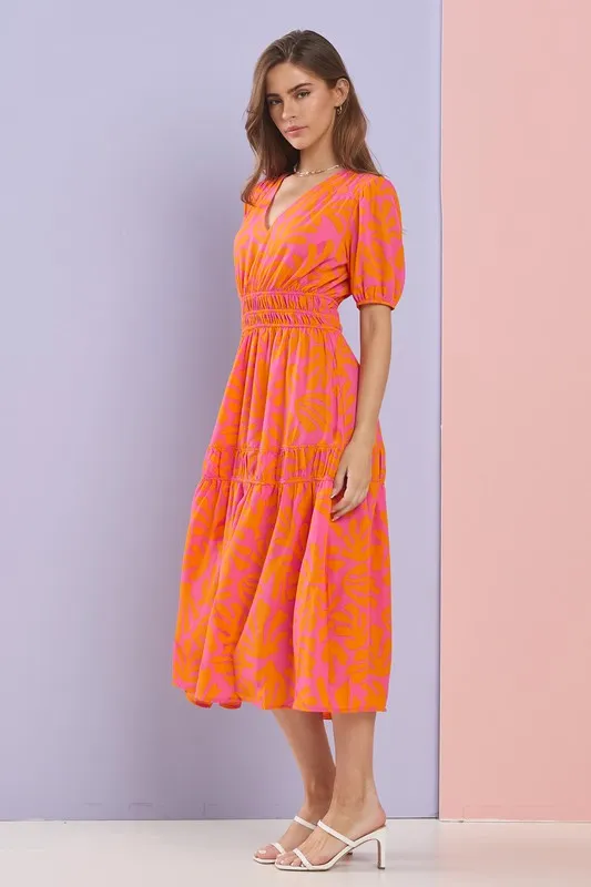 Fuchsia/Orange Summer Ruched Detail Ruffle Layer Flare Midi Dress