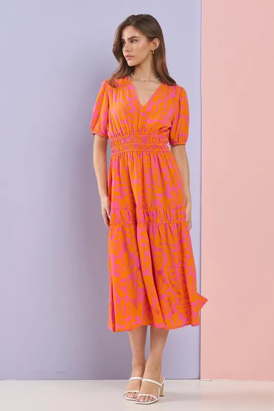 Fuchsia/Orange Summer Ruched Detail Ruffle Layer Flare Midi Dress