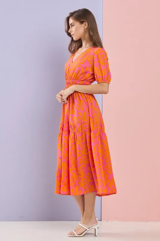 Fuchsia/Orange Summer Ruched Detail Ruffle Layer Flare Midi Dress