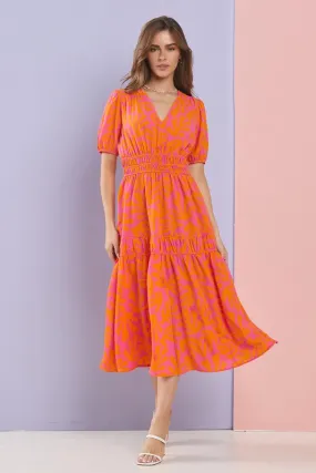 Fuchsia/Orange Summer Ruched Detail Ruffle Layer Flare Midi Dress