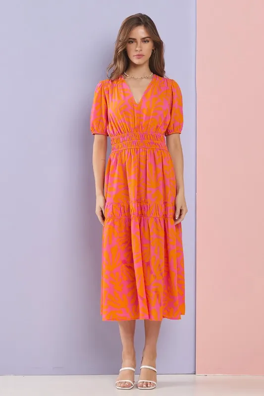 Fuchsia/Orange Summer Ruched Detail Ruffle Layer Flare Midi Dress