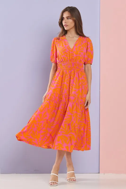 Fuchsia/Orange Summer Ruched Detail Ruffle Layer Flare Midi Dress